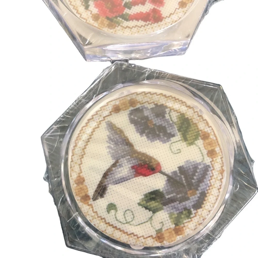 Set 4 Hummingbird Coasters New Cross Stitch Look Floral Summer Acrylic Cork Base